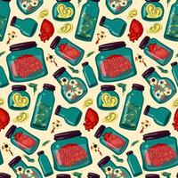 A pattern of organs and samples stored in glass jars. The jars contain human ears, eyes, brains, heart, fingers from zombies. The witch's supplies. Print on textiles and gift wrapping for Halloween vector