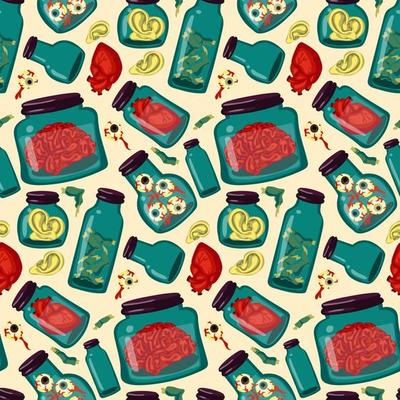 A pattern of organs and samples stored in glass jars. The jars contain human ears, eyes, brains, heart, fingers from zombies. The witch's supplies. Print on textiles and gift wrapping for Halloween