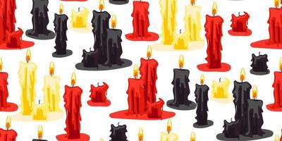 A pattern from a set of candles of varying degrees of burnout on a white background. Red, black, yellow candles for divination in groups. Gift wrapping for Halloween. The candles are burning vector