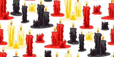 A pattern from a set of candles of varying degrees of burnout on a white background. Red, black, yellow candles for divination in groups. Gift wrapping for Halloween. The candles are burning vector