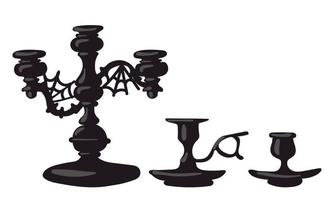 A set of black candlesticks on a white background. Vintage hand lanterns. A triple candle holder with a web, a single one with a handle and a single one without a handle. Decorative element Halloween vector