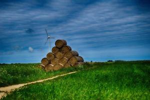 picturesque spring landscape with blue sky and green fields photo