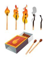 Set of matches. Opened matchbox, lighted match and burned match isolated on white background vector