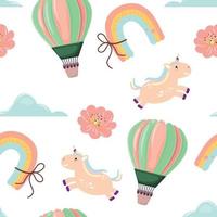 Cartoon vector illustration of unicorn, hot air balloon, clouds and flowers on white background. Seamless pattern.