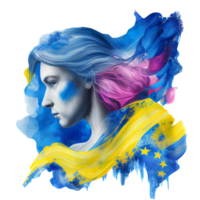 Oekraïne vlag vrouw illustratie, mooi Dames oekraïens en EU artwork vlaggen, ai gegenereerd png