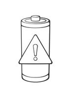 Warning status of electrical device accumulator. Outline icon. Vector illustration. Empty charge level battery indicator with warning sign. Power technology. Isolated white background