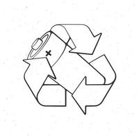 Recycling symbol with used alkaline battery inside. Outline. Vector illustration. Problems of waste processing, ecology and saving the Earth. Hand drawn sketch. Isolated white background