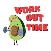 Cartoon cute avocado character training. Cute print with funny sports avocado for t-shirt and other design. Print avocado workrout time vector