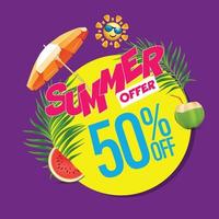 summer sale offer unit with summer elements like parasol, sun, coconut, watermelon and palm leafs vector