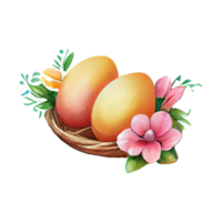 Wicker basket with Easter eggs flowers. AI Generated png