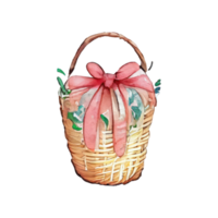 Wicker basket with Easter eggs flowers. AI Generated png