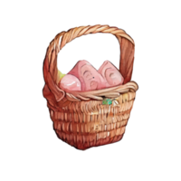 Wicker basket with Easter eggs flowers. AI Generated png