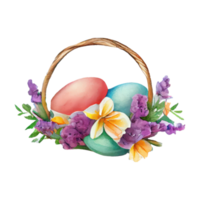 Wicker basket with Easter eggs flowers. AI Generated png