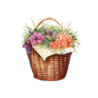 Wicker basket with Easter eggs flowers. AI Generated png