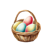 Wicker basket with Easter eggs flowers. AI Generated png