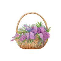 Wicker basket with Easter eggs flowers. AI Generated png