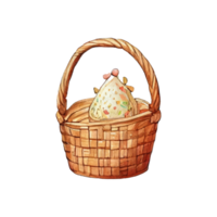 Wicker basket with Easter eggs flowers. AI Generated png