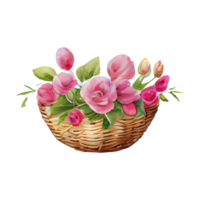 Wicker basket with Easter eggs flowers. AI Generated png