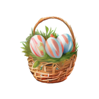 Wicker basket with Easter eggs flowers. AI Generated png