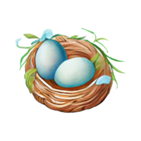 Wicker basket with Easter eggs flowers. AI Generated png