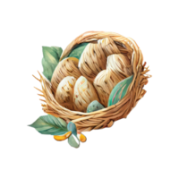 Wicker basket with Easter eggs flowers. AI Generated png