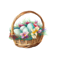 Wicker basket with Easter eggs flowers. AI Generated png