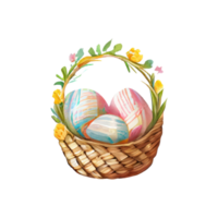 Wicker basket with Easter eggs flowers. AI Generated png