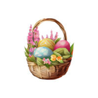 Wicker basket with Easter eggs flowers. AI Generated png