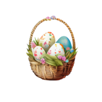 mimbre cesta con Pascua de Resurrección huevos flores ai generado png