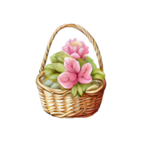 Wicker basket with Easter eggs flowers. AI Generated png