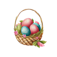 Wicker basket with Easter eggs flowers. AI Generated png