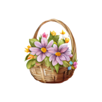 Wicker basket with Easter eggs flowers. AI Generated png