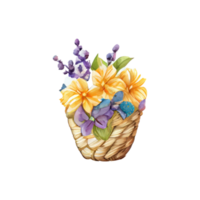 Wicker basket with Easter eggs flowers. AI Generated png