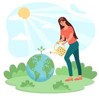 Woman watering the planet Earth from a watering can. Sprout growing  from the ground and the sun shining. The problem of fresh water, environmental protection, climate change, save the planet vector