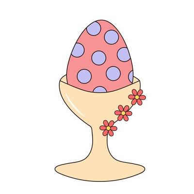Groovy Easter egg with pattern in an egg stand decorated flowers. Vintage hippie psychedelic clipart.