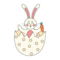 Cute rabbit sitting in Easter egg holding carrot. Easter bunny. Groovy retro character. vector