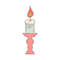 Candle with flowing wax in a candlestick. Hand drawn illustration in doodle style. vector
