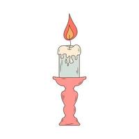 Candle with flowing wax in a candlestick. Hand drawn illustration in doodle style. vector