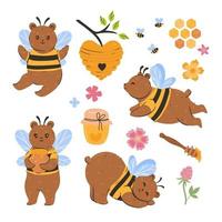 Set of cute bee bears isolate on white background. Vector graphics.