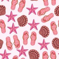 Vector travel seamless pattern Illustration with flip flops, starfish, shell. Summer time, vacation background.