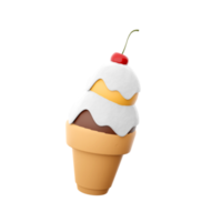 3d rendering ice cream with two balls and a cherry icon. 3d render waffle crust with chocolate and banana ball and milk filling icon. png