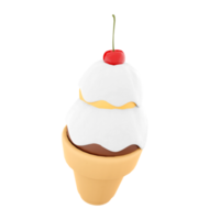 3d rendering ice cream with two balls and a cherry icon. 3d render waffle crust with chocolate and banana ball and milk filling icon. png