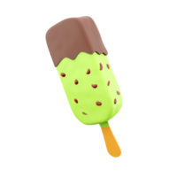3d rendering summer dessert delicious ice cream icon. 3d render apple popsicle with chocolate filling and nuts icon. png