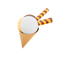 3d representación hielo crema con Tres cucharadas y un gofre cono icono. 3d hacer hielo crema con chocolate, plátano y Leche sabor con dos palos icono. png