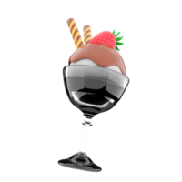 3d rendering ice cream scoop with chocolate topping and strawberries with sticks icon. 3d render ice cream in a glass with vanilla flavor icon. png