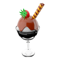 3d rendering ice cream scoop with chocolate topping and strawberries with sticks icon. 3d render ice cream in a glass with vanilla flavor icon. png