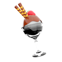 3d renderen ijs room lepel met chocola topping en aardbeien met stokjes icoon. 3d geven ijs room in een glas met vanille smaak icoon. png