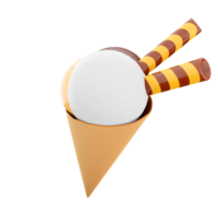 3d rendering ice cream with three scoops and a waffle cone icon. 3d render ice cream with chocolate, banana and milk flavor with two sticks icon. png