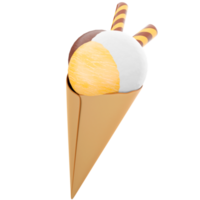 3d rendering ice cream with three scoops and a waffle cone icon. 3d render ice cream with chocolate, banana and milk flavor with two sticks icon. png