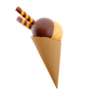 3d rendering ice cream with three scoops and a waffle cone icon. 3d render ice cream with chocolate, banana and milk flavor with two sticks icon. png